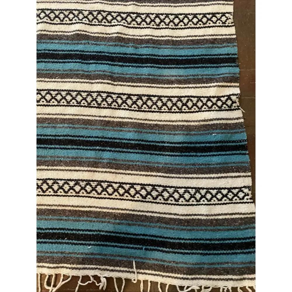 Turquoise Blue White Black Gray Western Blanket Falsa Fringed Throw 75” X 52”
